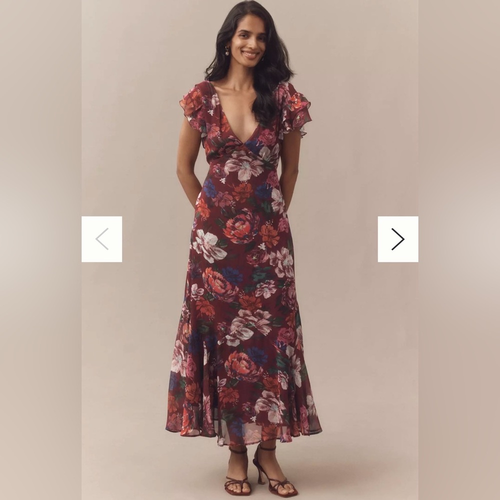 BHLDN Burgundy Flutter Sleeve Plunging Maxi Dress
